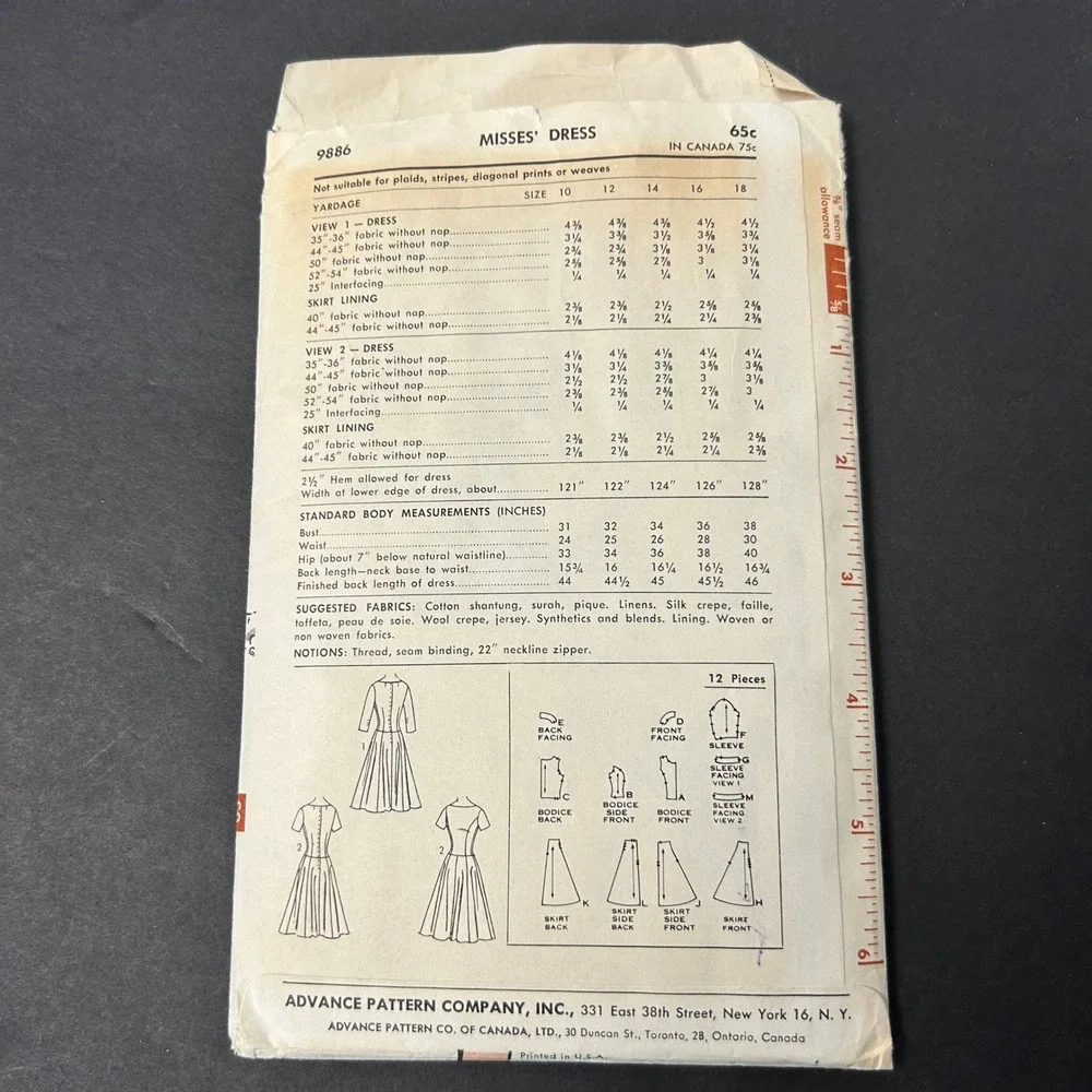 Vintage 60's Advance 9886 Sewing Pattern Misses Size 14 Fit and Flare Dress